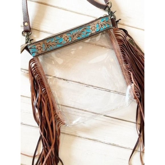 Myra Western Fringe Clear Crossbody Stadium Bag - Hand Tooled Leather - Picture 1 of 6